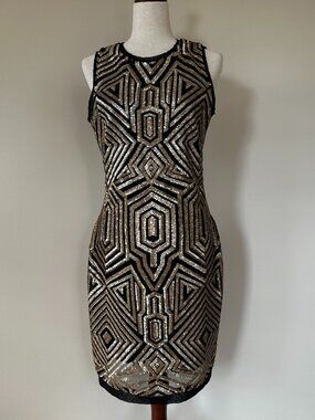 Vince Camuto Black Gold Beaded Cocktail Dress Size 8